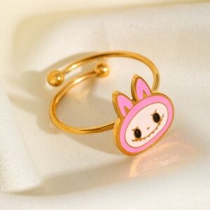 18K Gold Plated Pink Enamel Labubu Inspired Theme Ring No Fade Monsters